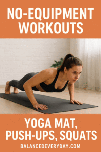 A woman doing push-ups on a yoga mat as part of a daily 10-minute workout routine.
